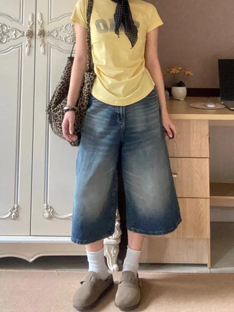 

American Women s Plus Size High-Waist Denim Capris - Slimming Mid-Length, Loose Wide Leg for Summer 4XL синий