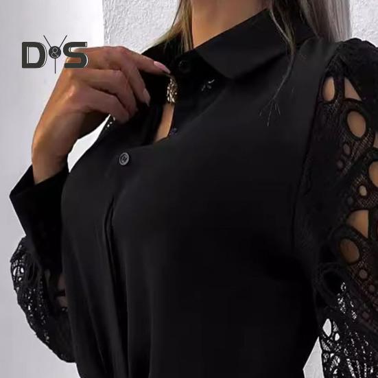 Kadın Gömlek Hollow Lace Ekleme Tasarım Uzun Kollu Yaka Gömlek Üstleri Tek Göğüslü Bol Kesim Düz Renk Gömlek