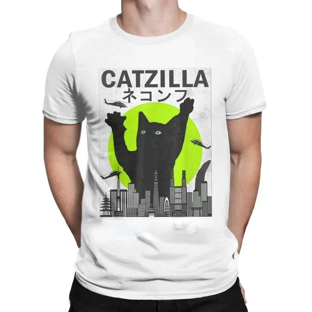 Catzilla Monsters Kätzchen T-Shirts Herren Damen Rundhals Reine Baumwolle Tees Anime Schwarze Katze Lässig Kurzarm Partnerlook Oberteile