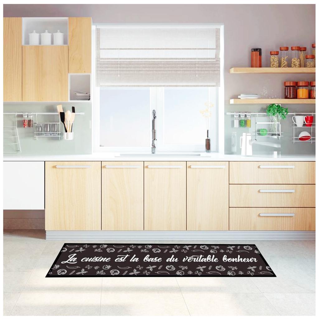 Les Trésors De Lily [Q2179] - Kitchen Rug 'Cooking Is the Basis of True Happiness' Black - 130x45 Cm