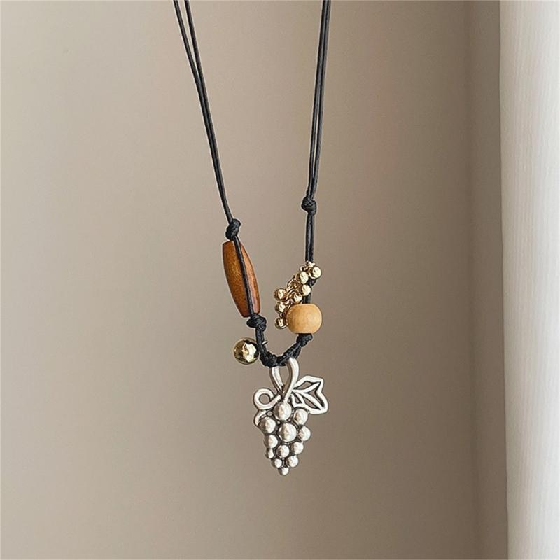 Stylish Alloy Accent Necklace With Sliding Closure Braided Cord and Natural Wood Materials