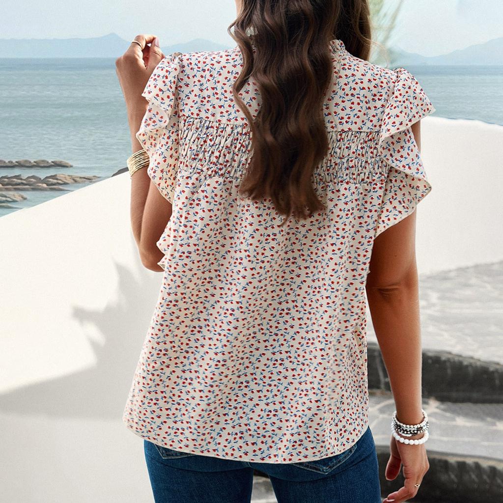 Sleeveless Ruffled Collar Printed Top With Loose Casual T-shirt