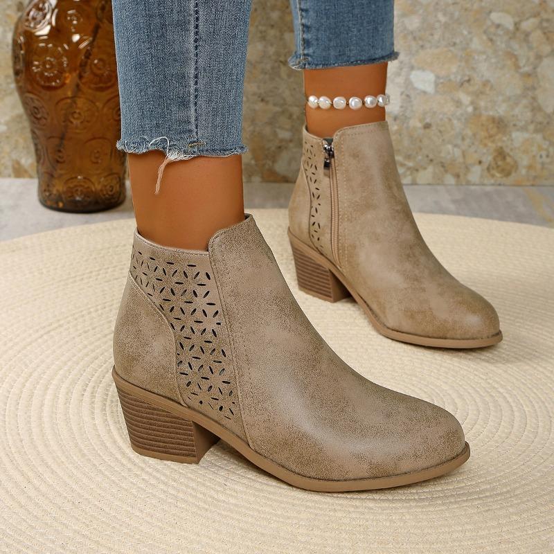 Women's Vintage Slip-On Chunky Low Block Heel Ankle Boots - Almond Toe Round-toe Winter Boots with PVC Upper & Lining, Beige/Caramel Brown/ Blue/Dark