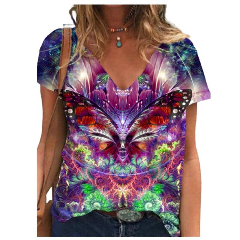 Blusas de Moda Primavera con Estampado de Mariposas Camisetas Casuales de Manga Corta con Cuello en V