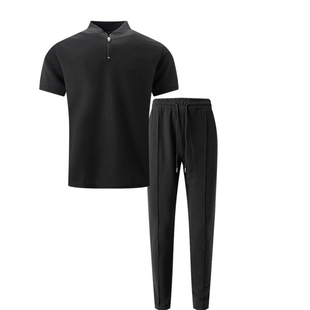 Summer 2025 Men's Waffle Knit Stand Collar Zipper Top and Long Pants Set - European & American Style
