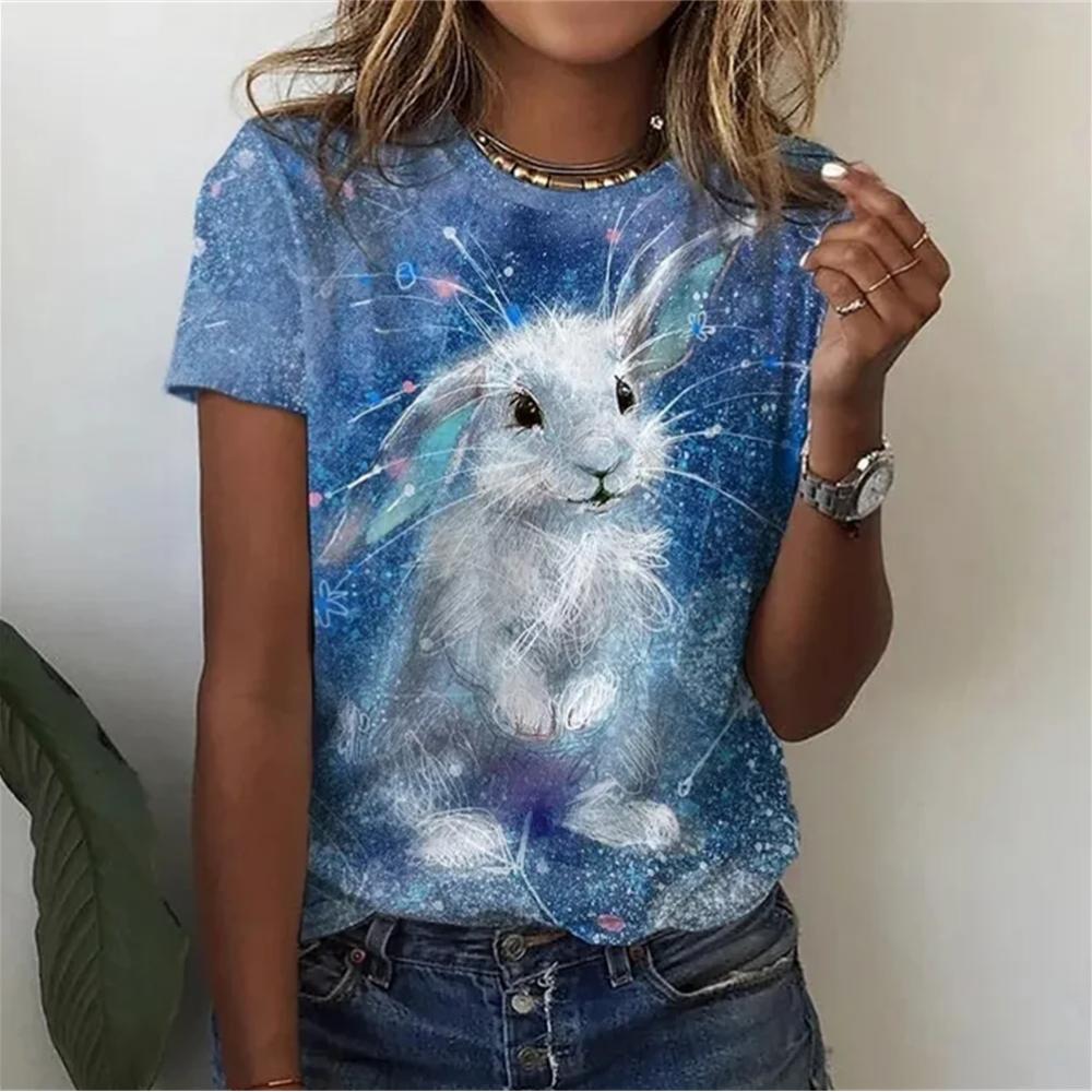 Coelhinho Branco Macio Impresso em 3D Moda Y2k Mulheres Camiseta Básica Elegância Vintage Manga Curta Elegante Casual Confortável