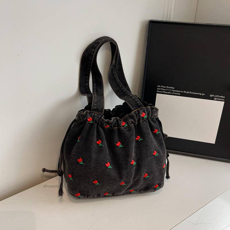 Yogodlns Women's Vintage Floral Denim Bucket Shoulder Bag Casual Embroidered Large Capacity Handbag with Polyester Lining