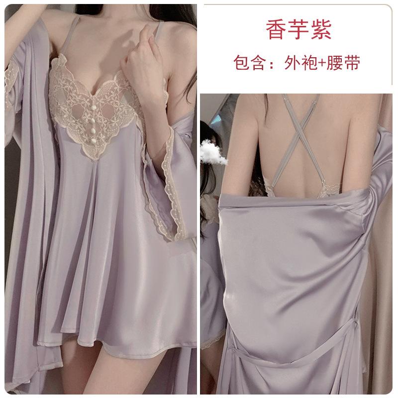 Sexy Cross Backless Deep V Seduction Lace Splicing Satin Nightdress Robe Women's Home Suit