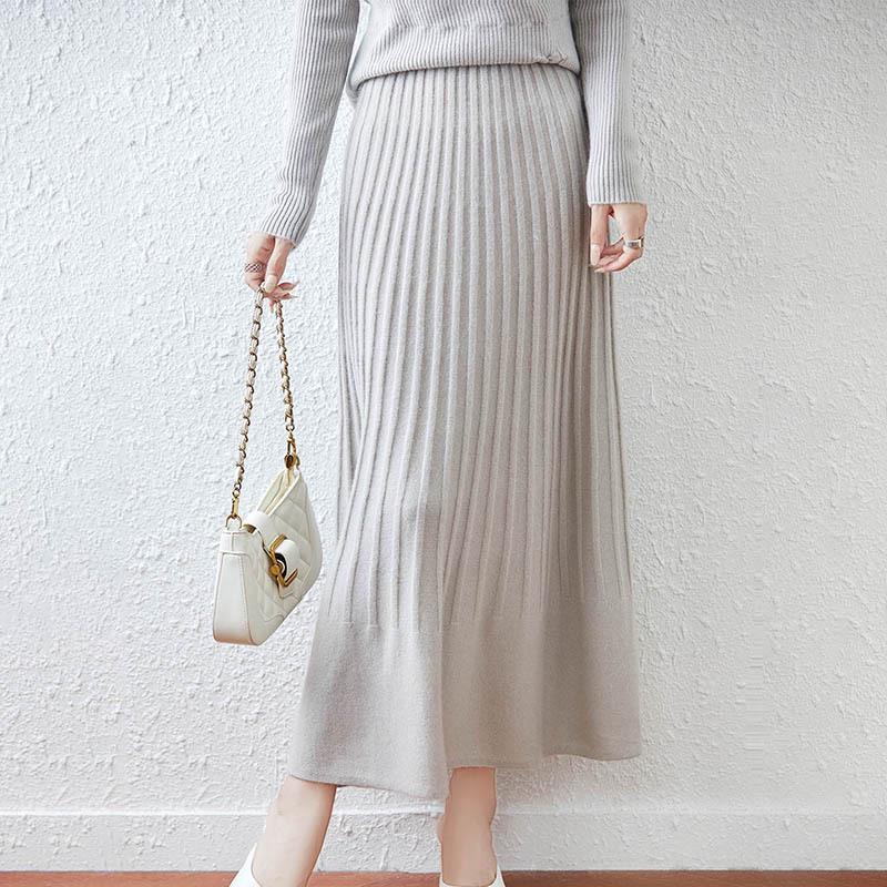 Women's Pure Wool Midi Skirt – Slim Fit, Pleated A-Line, Waist-Cinching for Autumn and Winter