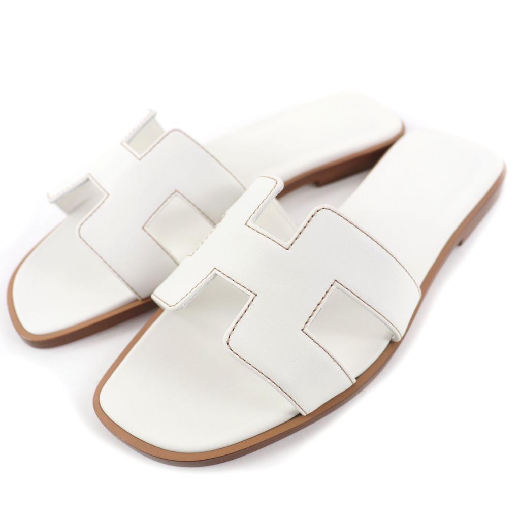 Pristine HERMES Sandals Sandals Oran White Box Scarf Leather Women 34.5 Used