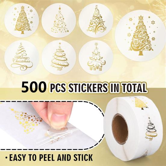 Yousheng 500 Pcs Christmas Stickers Roll Gold Foil Christmas Tree Label Stickers Winter Holiday Round Adhesive Decals for Envelopes Invitations Cards