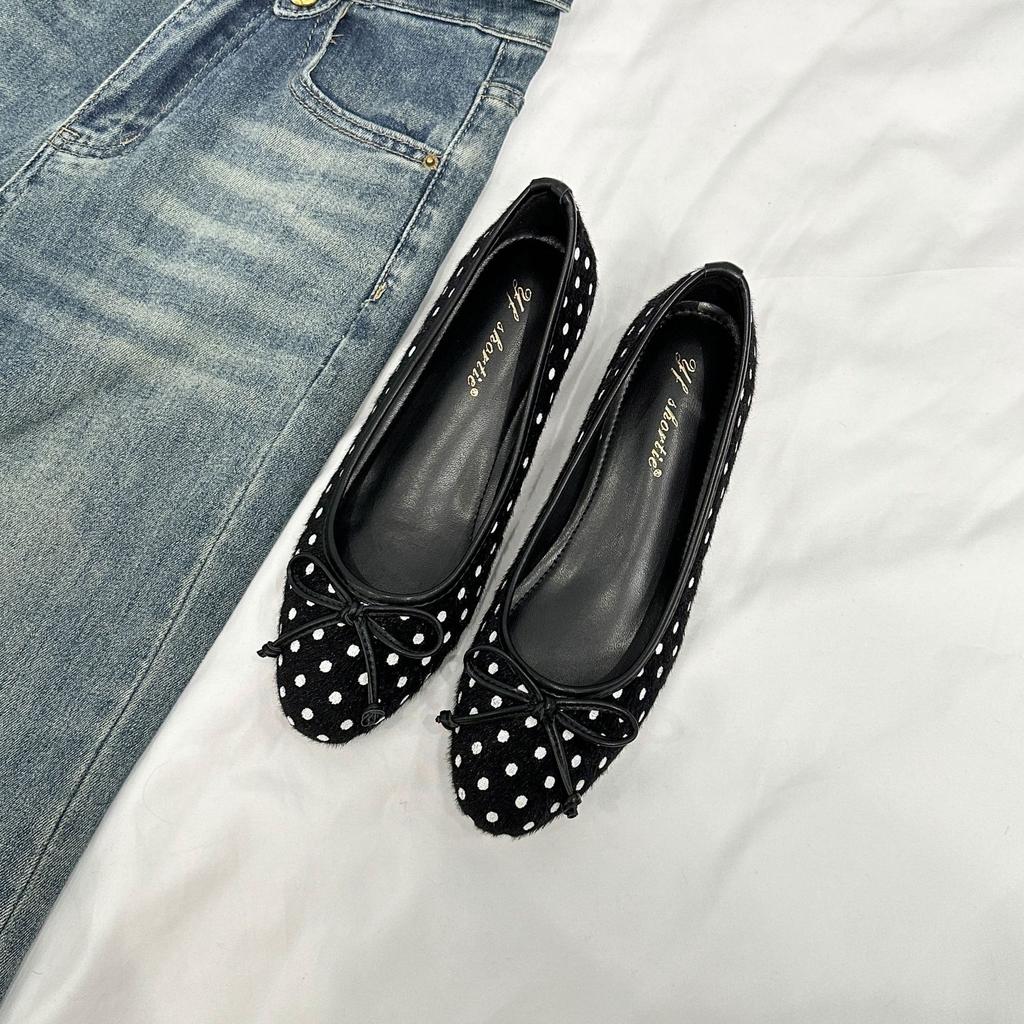 Height increase 5CM bow polka dot flat-soled single shoes women's 2025 new Xiaoxiangfeng one-pedal suede Mary Jane shoes