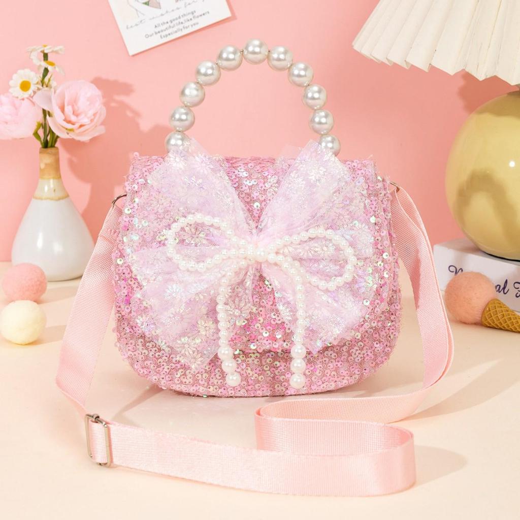 Korean Style Girls' Crossbody Bag with Bowknot, Pearl Details, and Sequin Crystal Patch