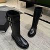 Cowhide Black Boots Handsome Belt Buckle Low Heel High Tube Skinny Locomotive Boots Leather Boots Round Head Knight Boots Women