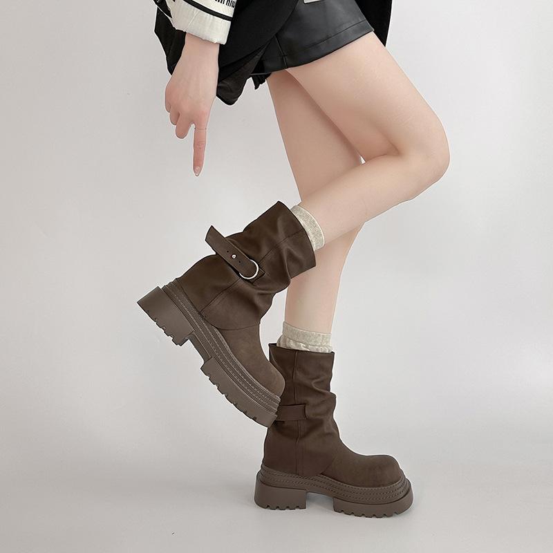 Fashion versatile belt buckle round head thick sole heightening short boots women's 2025 autumn and winter new fashion versatile thick sole boots