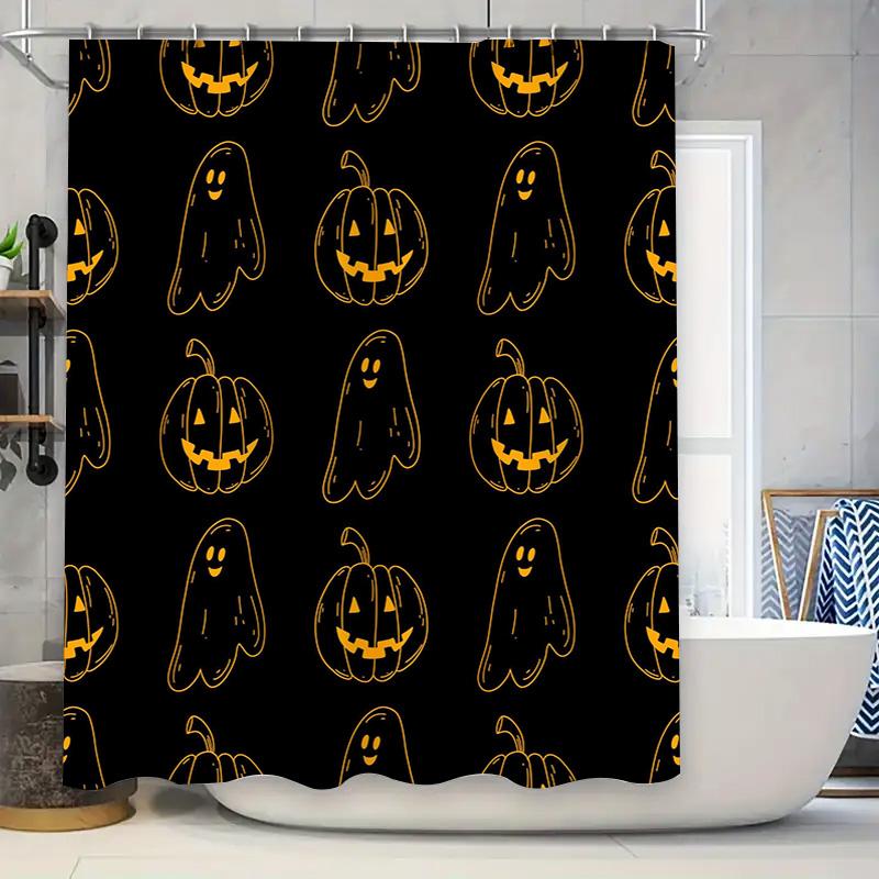 Halloween-themed Black Shower Curtain with Pumpkin Ghost Print for Home Bathroom Decor Waterproof Fabric Printed with Halloween