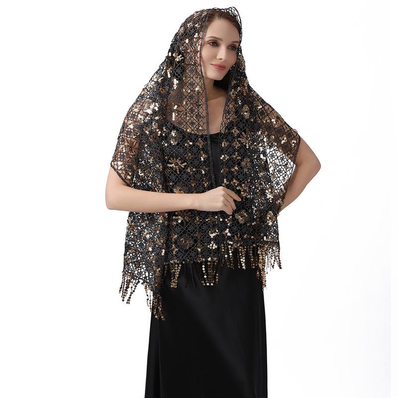50*180cm with Fringed Women's Sparkling Sequin Lace Deco Scarf, Shawl Wraps For Evening Dress Mesh Shawls Capes For Party