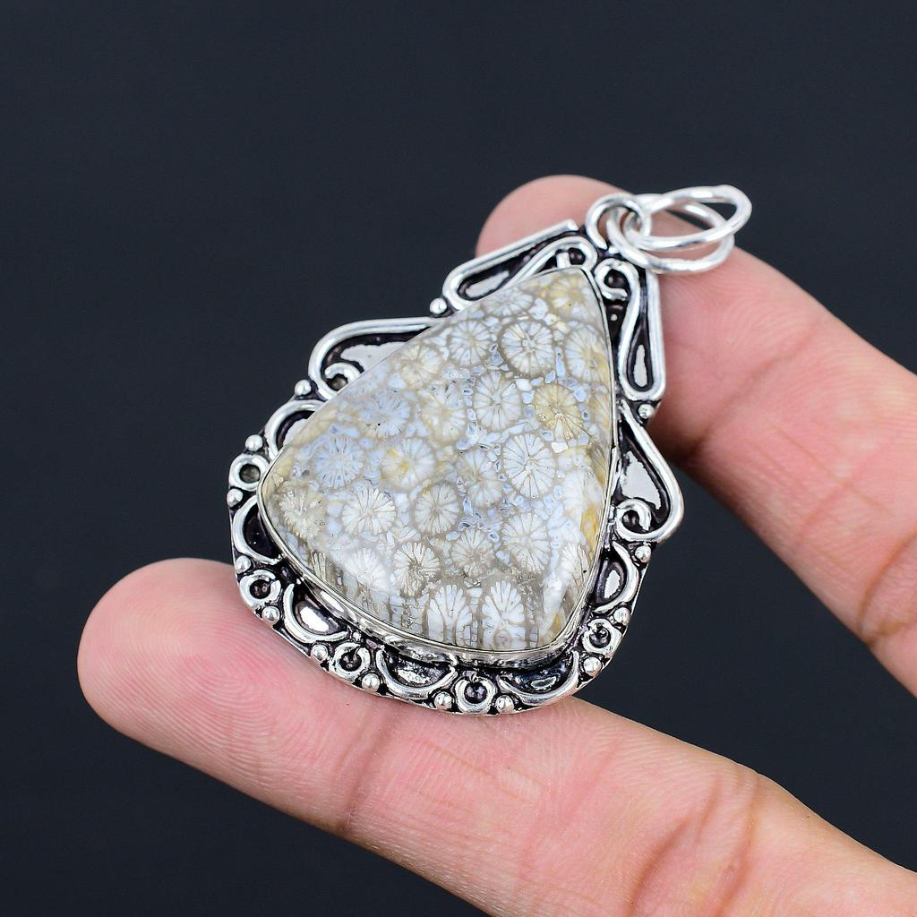 Daughters Day Deal 925 Silver Natural Fossil Coral Bezel Root Chakra New Pendant