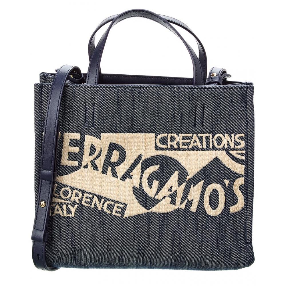 

Salvatore Ferragamo Ferragamo Logo Small Canvas Leather Tote Blue Large