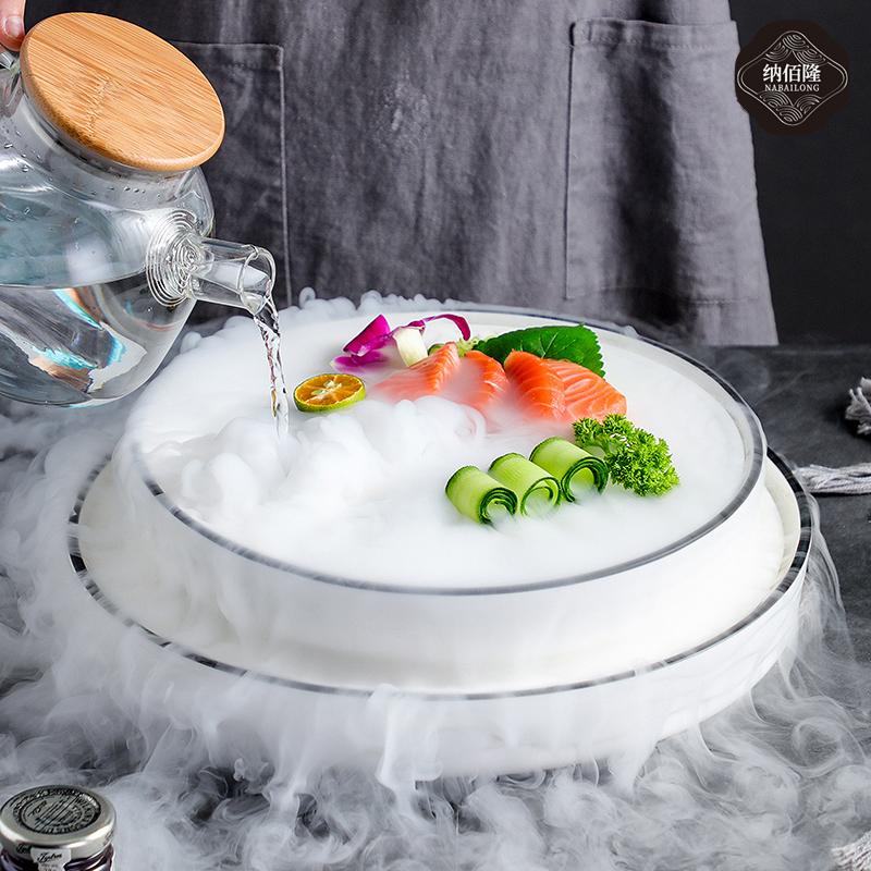 Creative Dry Ice Smoke Container Ceramic Cold Dish Tray Sashimi Dry Ice Plate Tableware Sushi Pan Characteristic el Tableware