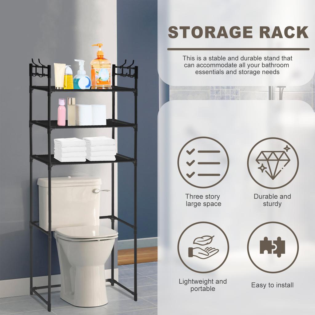 Over The Toilet Storage Rack with 4 Hooks 3 Tier Bathroom Shelf Punch-free Versatile Storage Rack for Bathroom Laundry Restroom