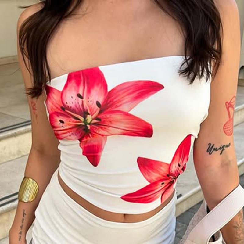 Mode Ärmelloses Bedrucktes Sommer Schlauchtop Lässig Elegant Figurbetontes Kurzes T-Shirt Lässige Einfache Crop Tops Damen Streetwear Trägerloses Top Damenbekleidung