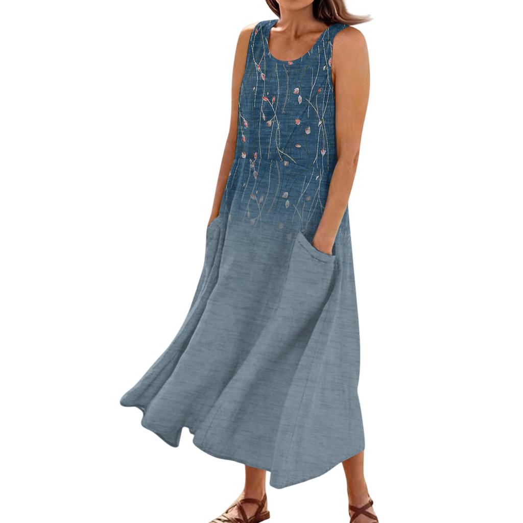 Women's Summer Casual Fashion Flower Printed Sleeveless Pocket Dress