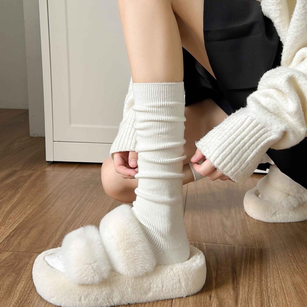 Solid Color Wool Calf Socks Warm Socks Thin Strip Coffee-Colored Long Tube Thickened Soft Waxy And Thin Stacking Socks