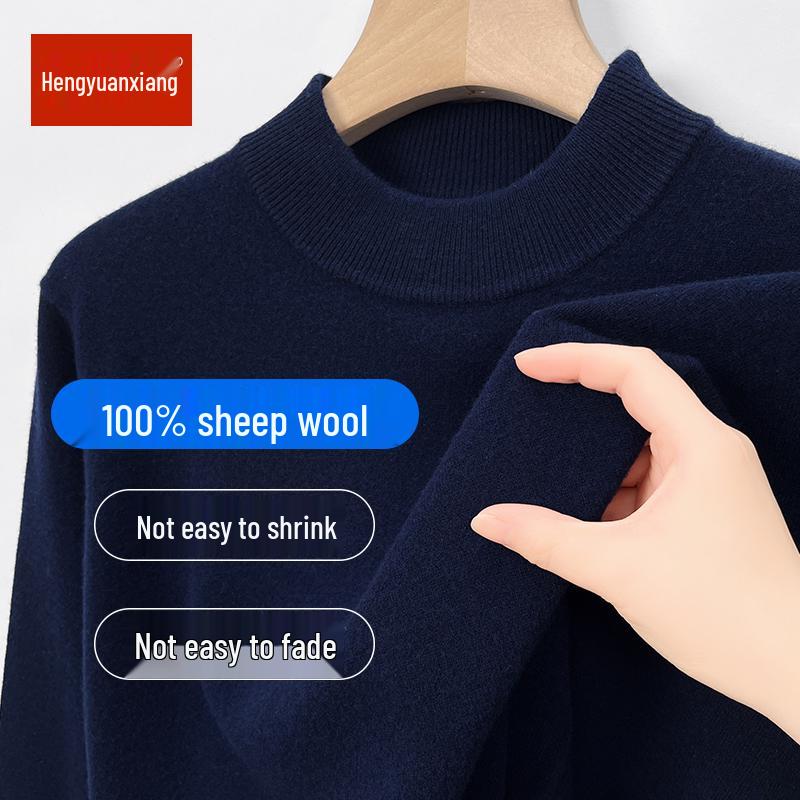 Hengyuanxiang Men's 100% Pure Wool Pullover, Round Neck, Thickened Winter Sweater for Middle-Aged Dads.