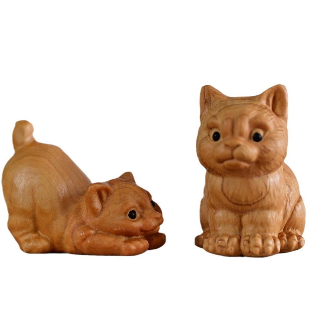 Miniature Wooden Carved Lying/Sitting Cat Ornaments Creative Tabletop Cute Animals Figurine Kids Gift Decoration home