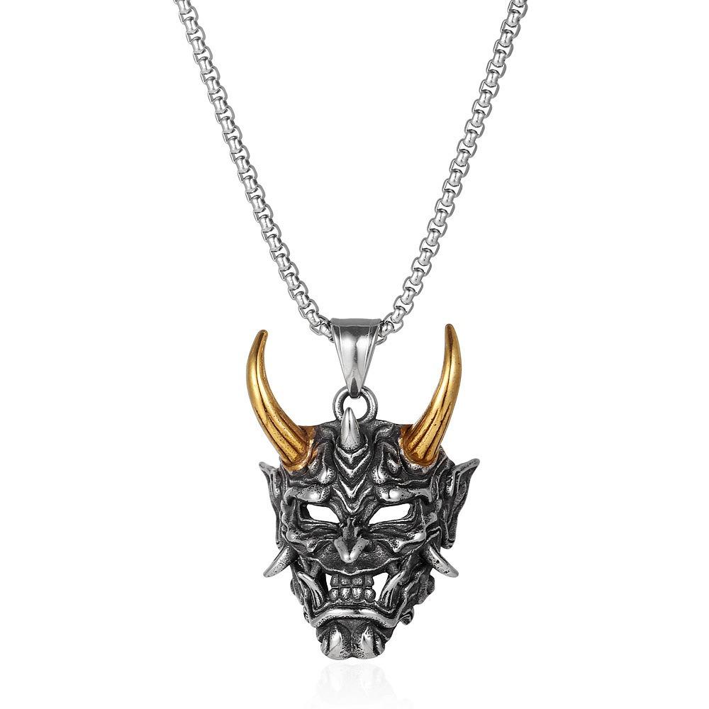 Dunkles Retro Japan Prajna Maske Langer Horn Geist König Edelstahl Anhänger Halskette für Männer Frauen Gruselige Persönlichkeit Schmuck Geschenke