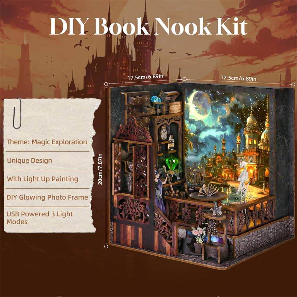 Book Nook Kit Magic Town DIY Wooden Puzzle Light Picture Bookshelf Insert Decor Dollhouse Model Bookend Building Home Decoration