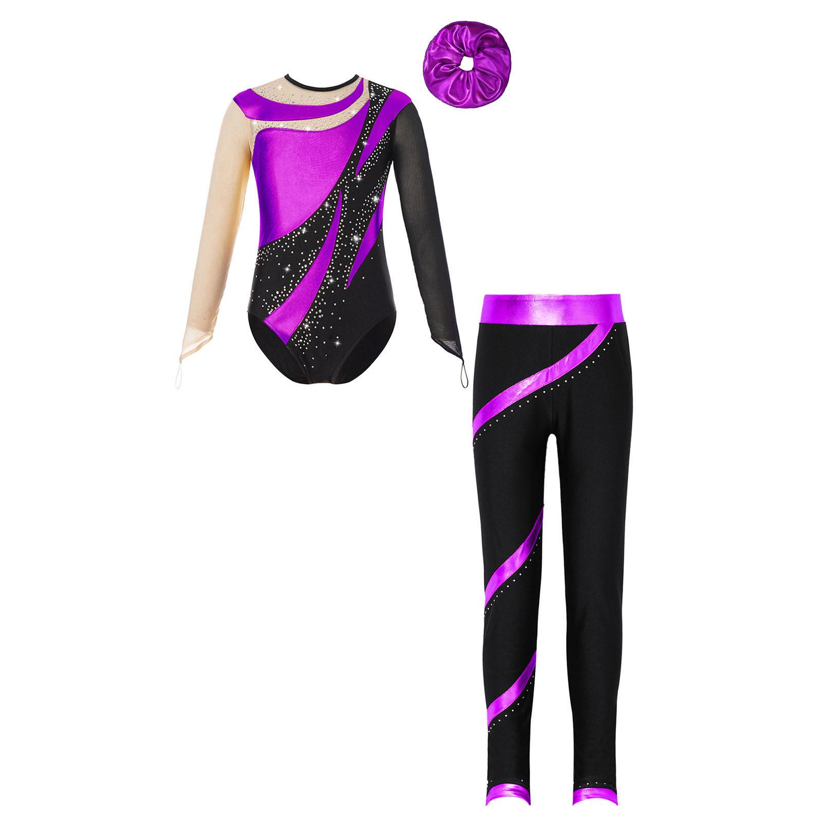 

Girls Shiny Rhinestones Dance Set Long Sleeve Cutout Back Leotard Elastic Waistband Pants and Hair Tie Headband 15-16 Years фіолетовий