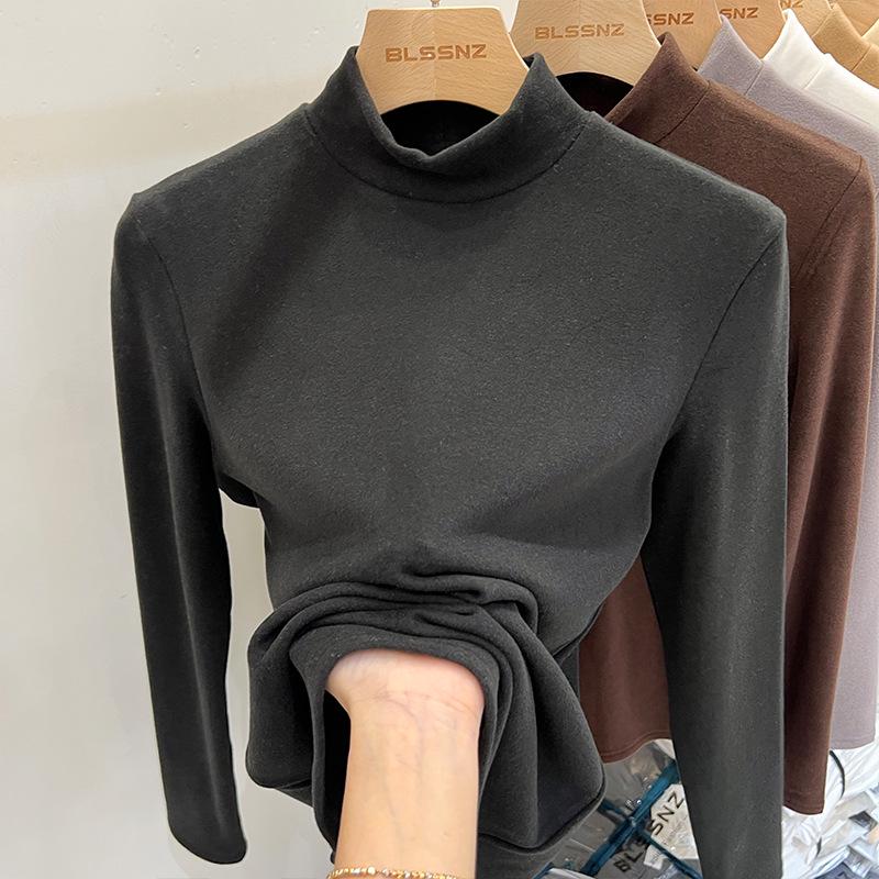 Velvet Semi-High Neck Long Sleeve Women's Modal Base Layer T-Shirt - Slimming White Autumn/Winter Fashion Top