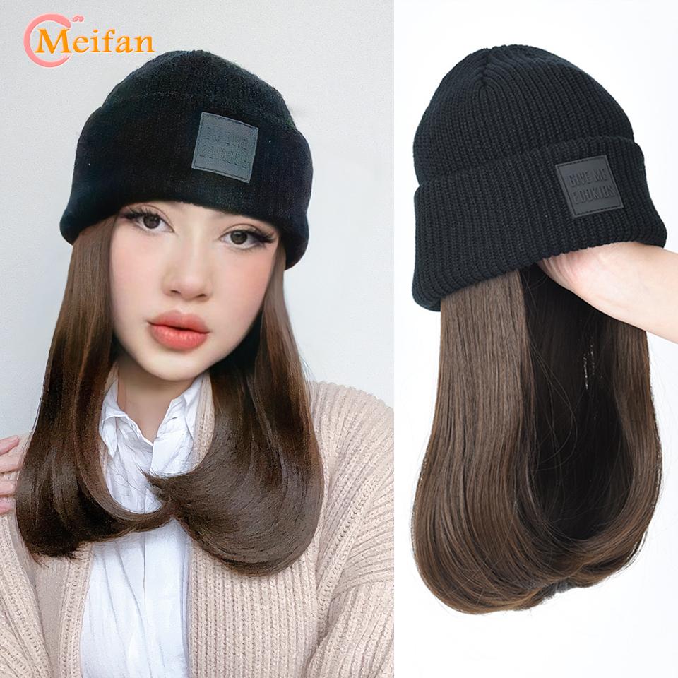 Buy Synthetic Short Straight Knitted Hat Hair Wigs For Women Black Hat