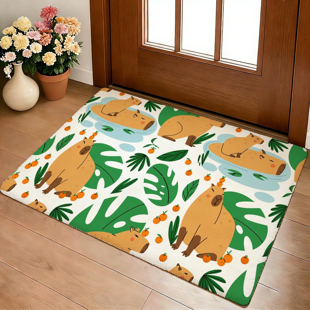 Cute Capybara Pattern Floor Mat Cozy Flannel Soft Thick Non-Slip Mat For Living Room Bedroom Kitchen Decor Rugs
