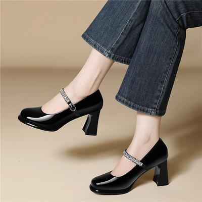 French Retro Black High Heels Cm One-word with Buckle Rhinestone Glossy Mary Jane Light Mouth Thick Heel Single Shoes Women's Shoes