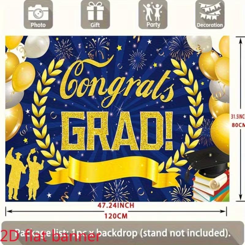 2D Blue Gold Congrats Grad Backdrop, Graduation Party Banner
