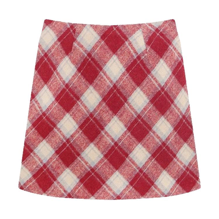 Women's High Waist Woolen Red Plaid A-Line Skirt - Hip-Hugging, Slimming, Autumn/Winter 2026