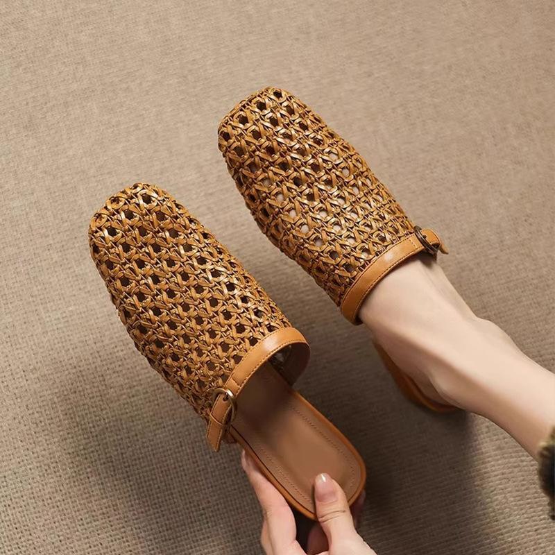 Retro fashion woven breathable hollow bag head half drag women's summer soft leather word with casual mesh shoes