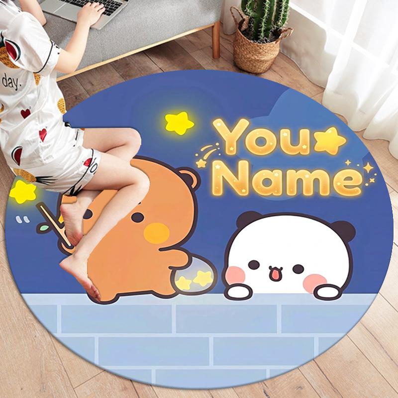 Bear Panda Night Custom Name Round Area Rug Carpet Rug For Living Room Bedroom Sofa Playroom Decor Nonslip Floor Mat