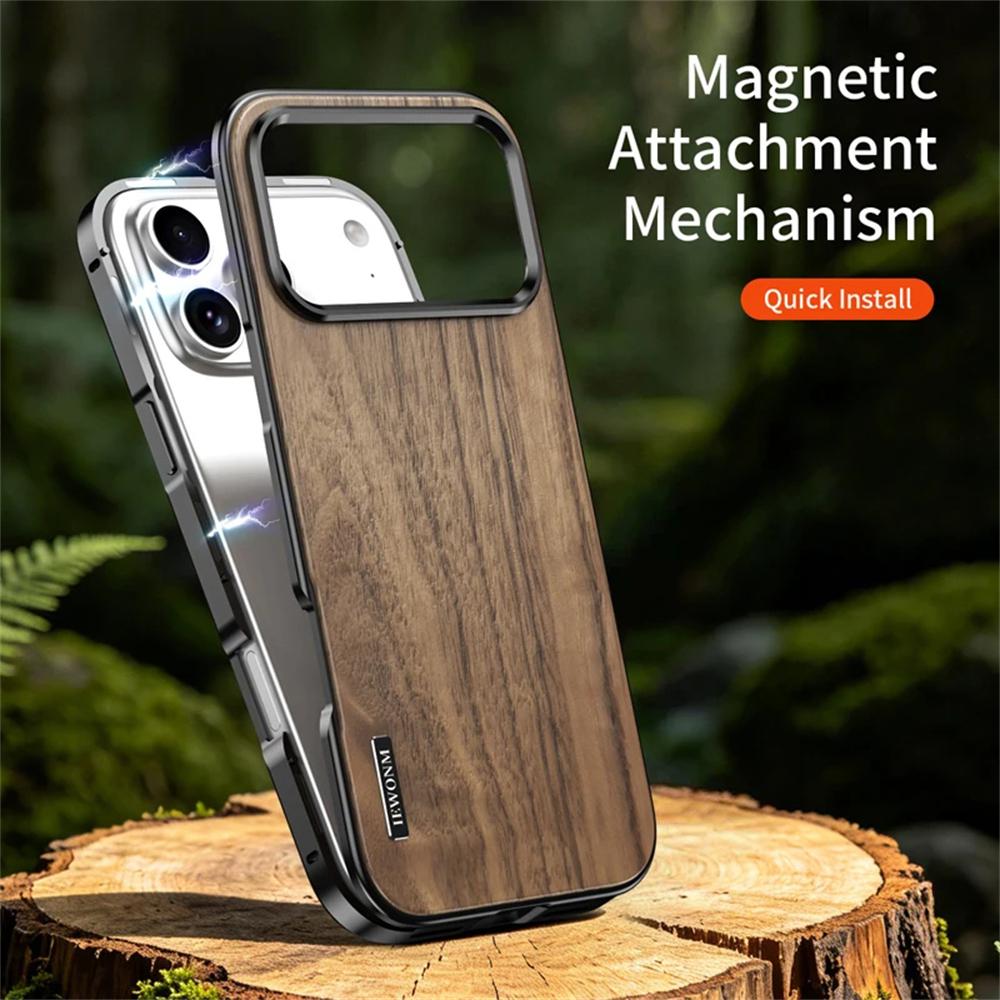 Luxury For iPhone 17 16 15 Pro Max Alloy Solid Wood Back Panel Hybrid Phone Case For Magsafe Wireless Charging Aluminum Alloy Cover