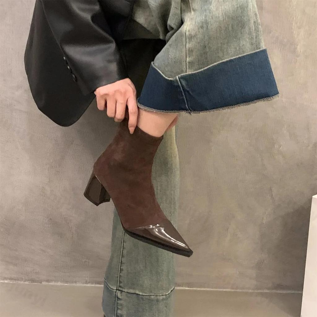 Designer Leopard Print Women Ankle Boots Pointed Toe Short Booties Concise Patchwork Thick Heels Pumps Botas De Mujer