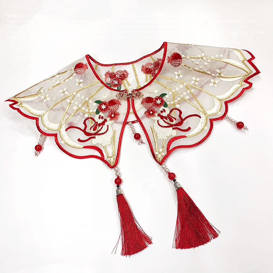 

Autumn Ethnic Beaded Hanfu Dress with Rabbit Mesh Organza, Tassels, and Cloud Shoulder for Girls 37CM Children s Collar