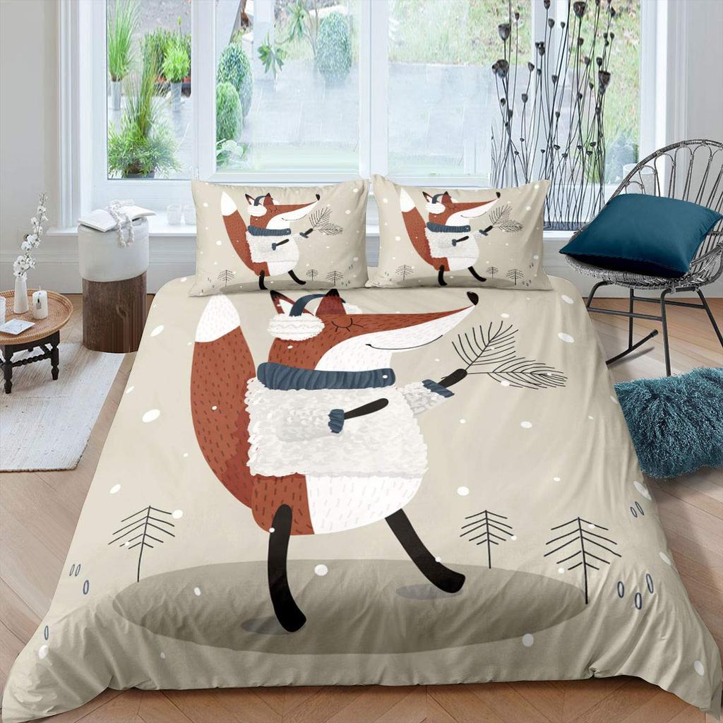Fox King Queen Duvet Cover Kawaii Cartoon Fox Family Bedding Set For Kids Cute Orange Wild Animal 2/3pcs Polyester Quilt Cover