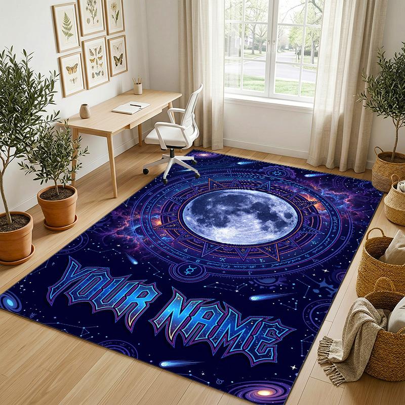 Cosmic Moon Mandala Theme Soft Crystal Velvet Rug Custom Name & Text Print Non Slip Floor Rug for Bedroom Living Room