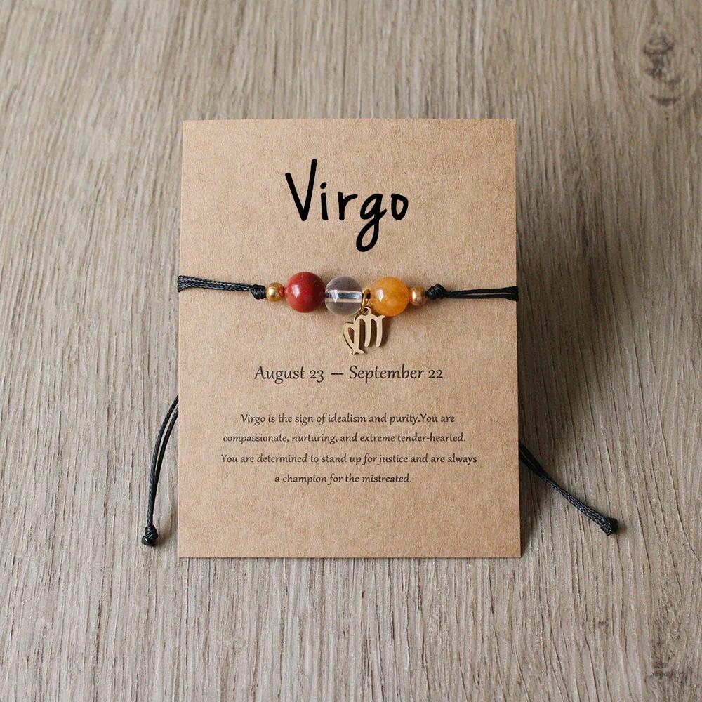 12 Zodiac Signs Woven Paper Card Bracelet for Women Men, Minimalist Natural Stone Handmade Braided Bracelet Jewelry