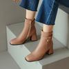 2024 Autumn/winter Women Boots Square Toe Chunky Heel Shoes Split Leather Short Boots for Women Side Zip High Heel Retro Boots