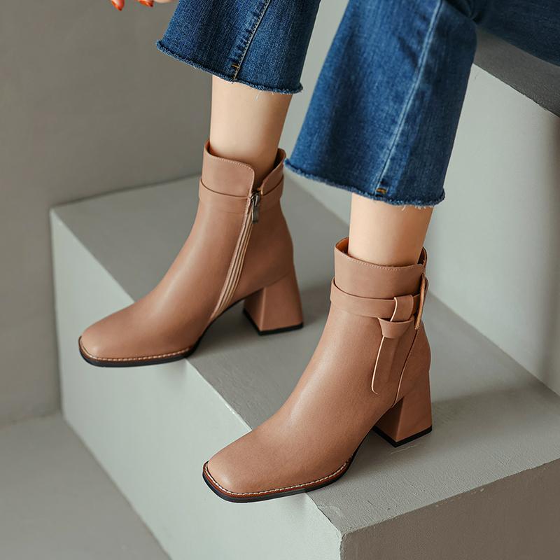 2024 Autumn/winter Women Boots Square Toe Chunky Heel Shoes Split Leather Short Boots for Women Side Zip High Heel Retro Boots