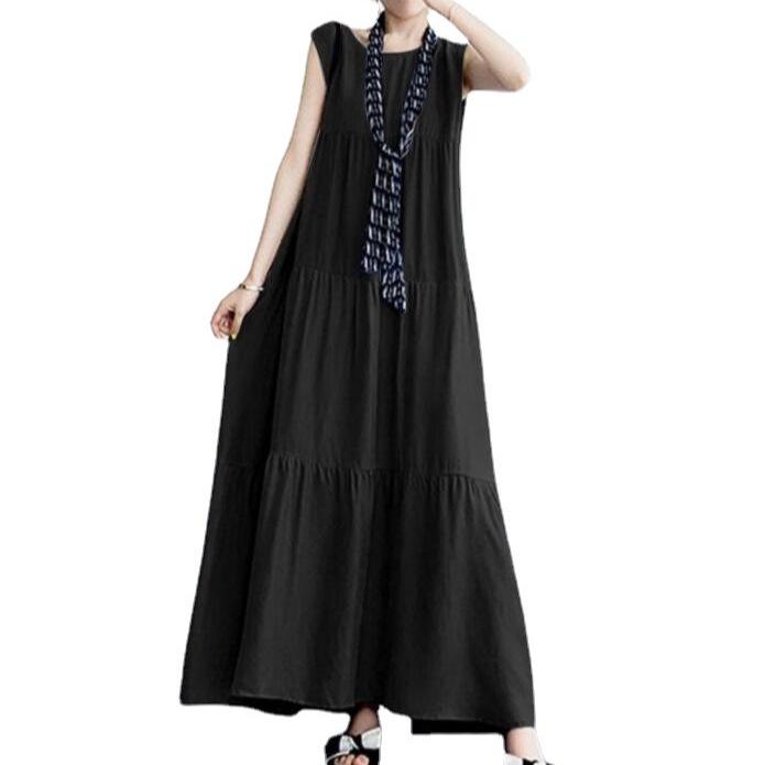 2024 Summer Literary Women's Cotton Linen Casual Round Neck Swing Dress